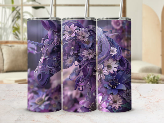 Purple unicorn with floral mane and horn on a tumbler.