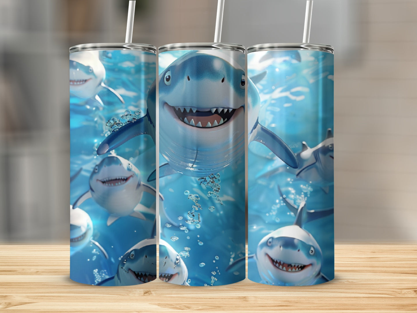 Three smiling cartoon sharks swim in a bubbly blue underwater scene.