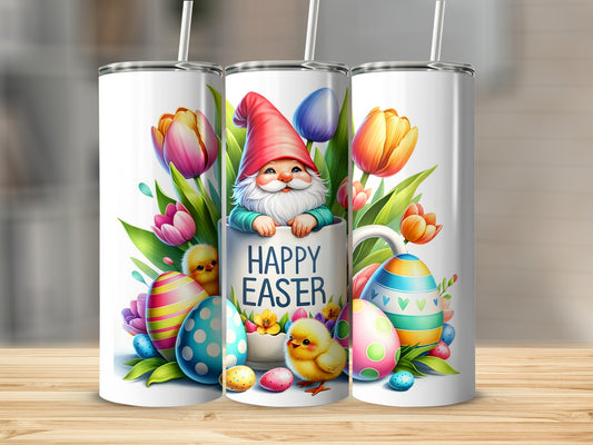 Easter gnome with chicks, eggs, and tulips on a tumbler.