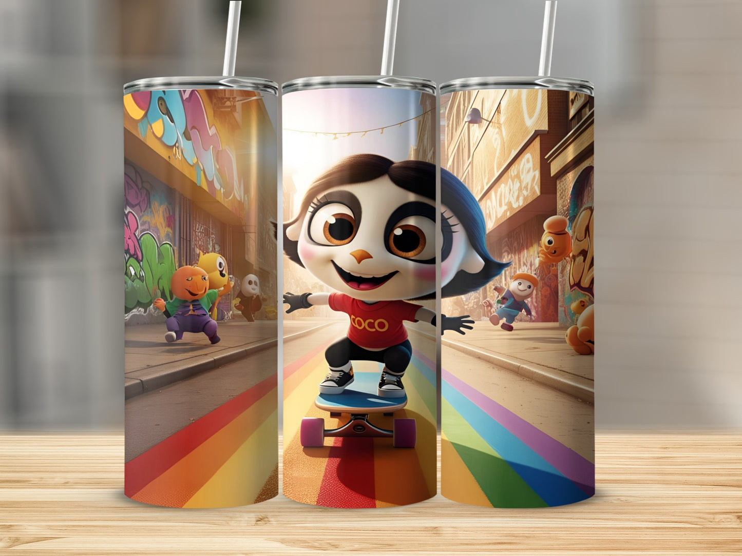 Cartoon girl with red shirt skateboarding on rainbow path.