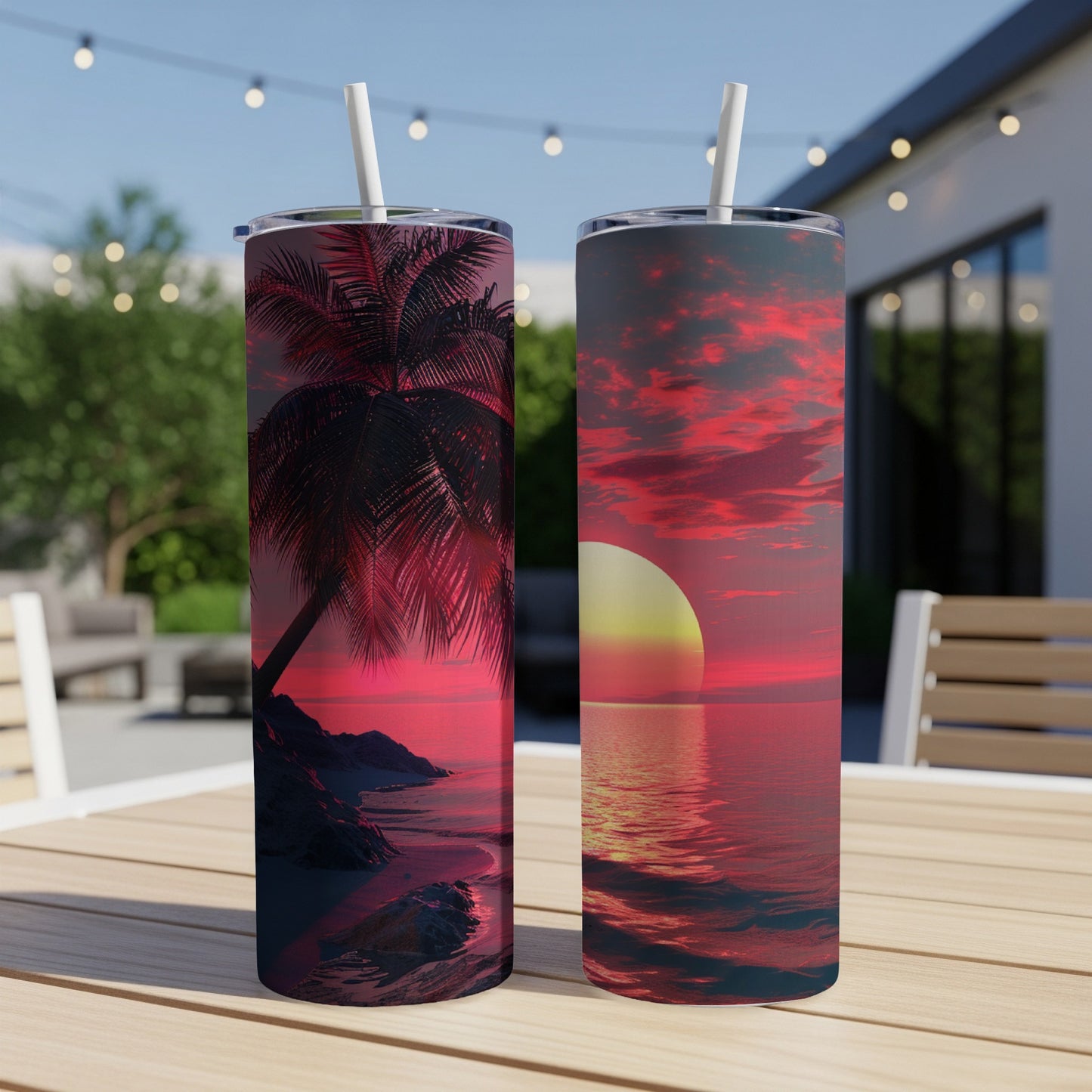 Two tumblers with sunset beach scene and palm tree designs.