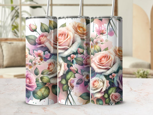 Three tumblers with a watercolor rose floral design.