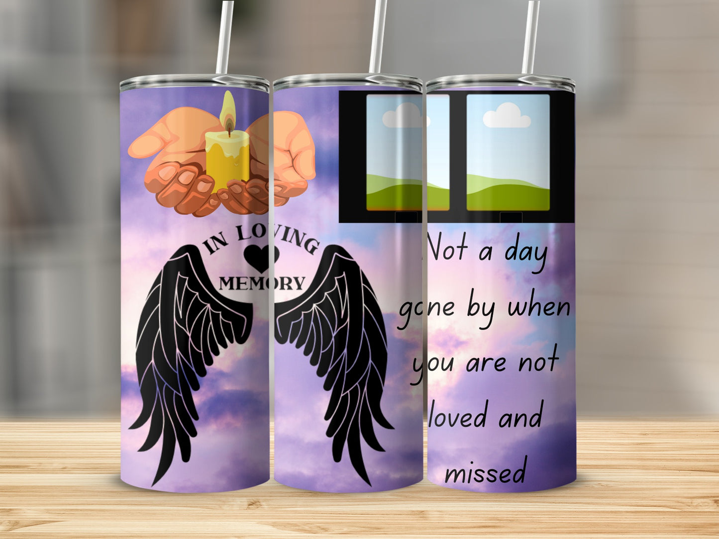Tumblers with "In loving memory" and quote about being loved and missed.