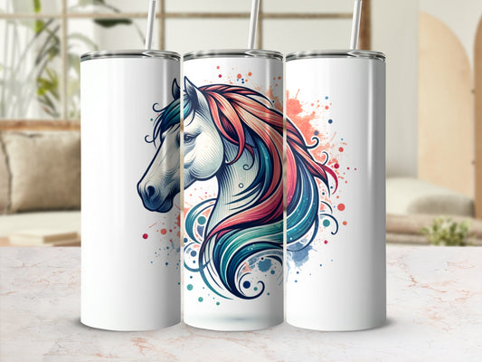 Three white tumblers featuring a colorful horse head graphic with watercolor splatters.