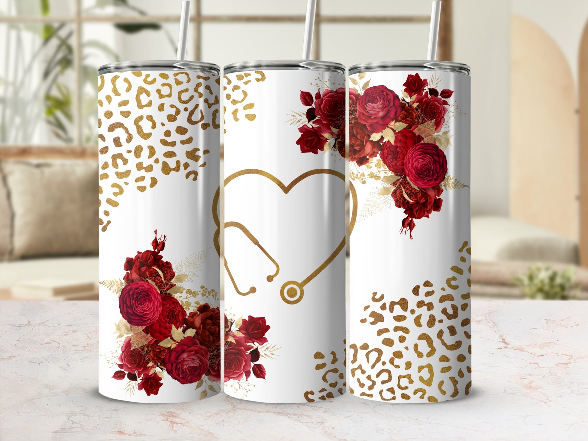 White tumbler with gold leopard print and red roses, featuring a stethoscope heart.