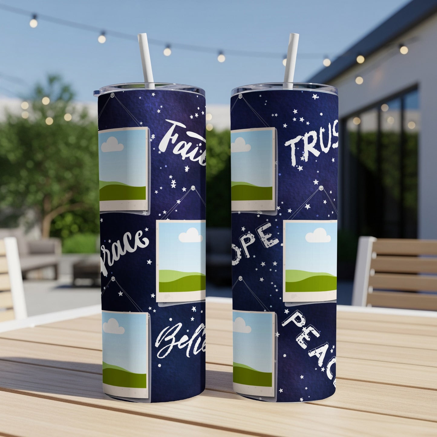 Two tumblers with "Faith," "Grace," "Believe," "Trust," "Hope," and "Peace" text.