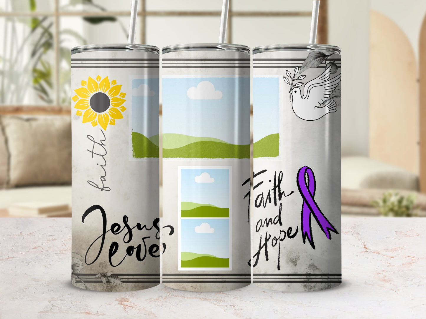 Three tumblers with Christian and inspirational text and graphics.