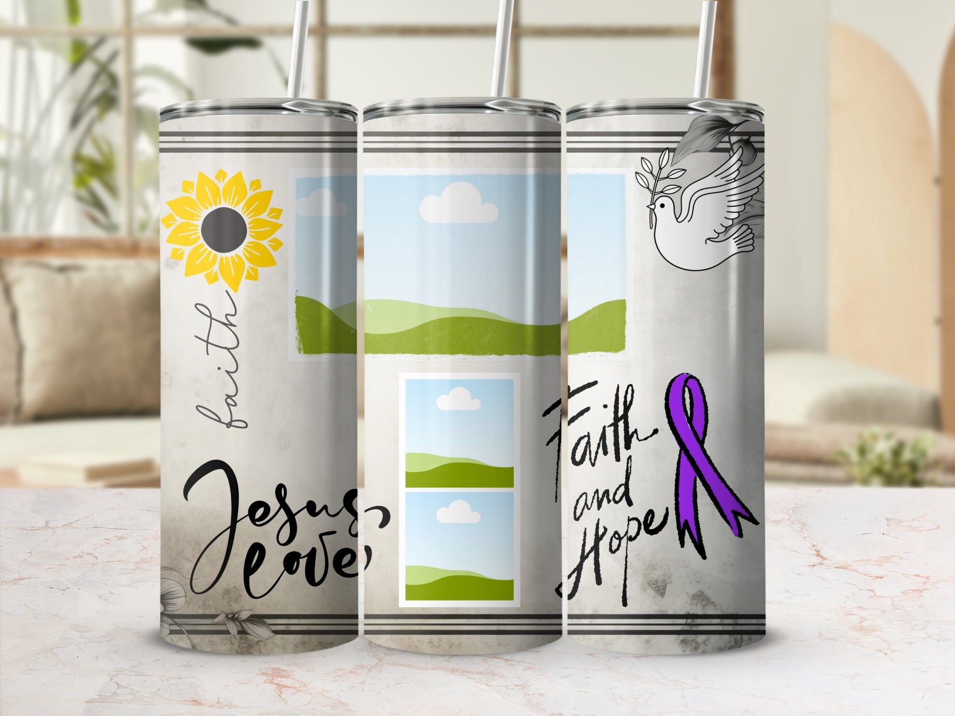 Three tumblers with Christian and inspirational text and graphics.