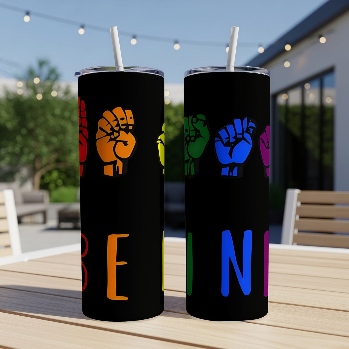 Two tumblers with rainbow-colored ASL letters spelling "BEING" on black background.