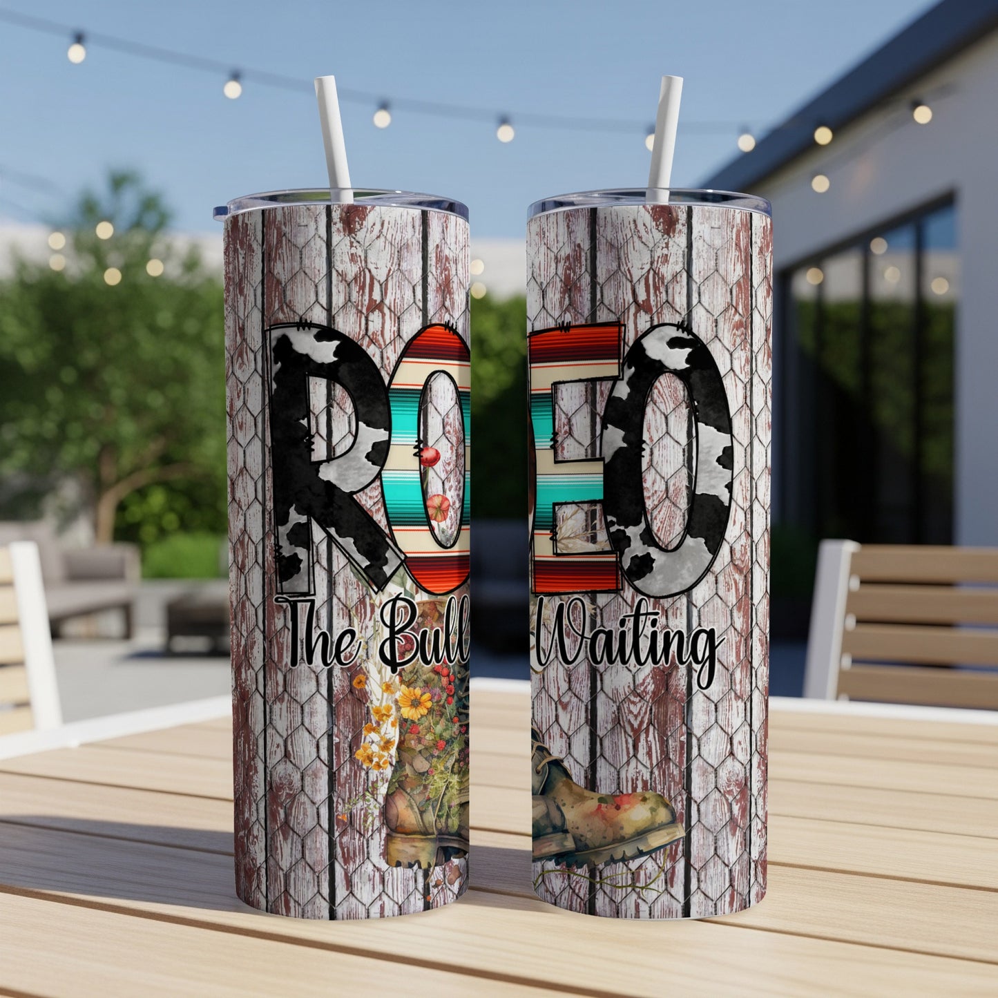 Two cow-print tumblers with "Rodeo Waiting" text and Western imagery.