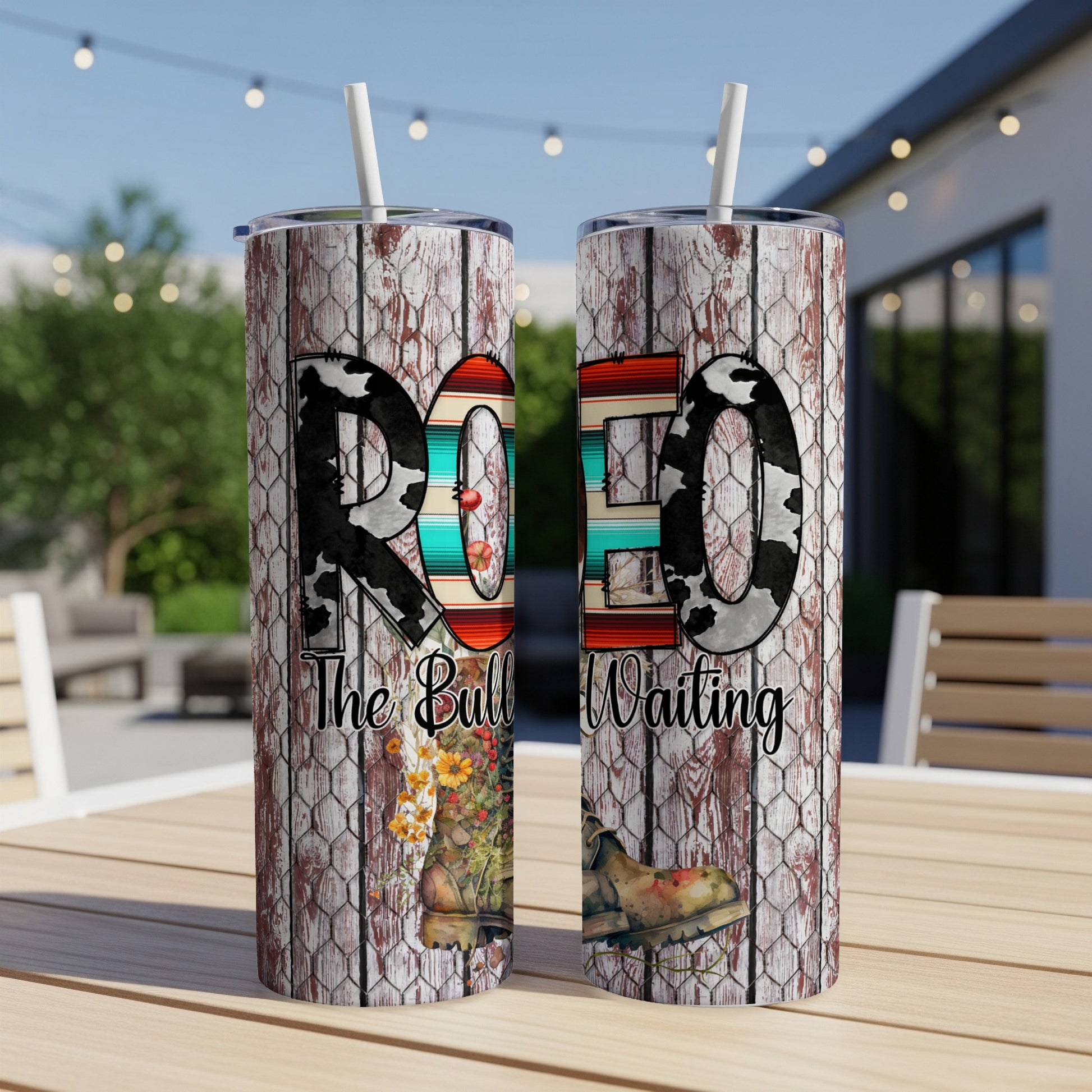 Two cow-print tumblers with "Rodeo Waiting" text and Western imagery.