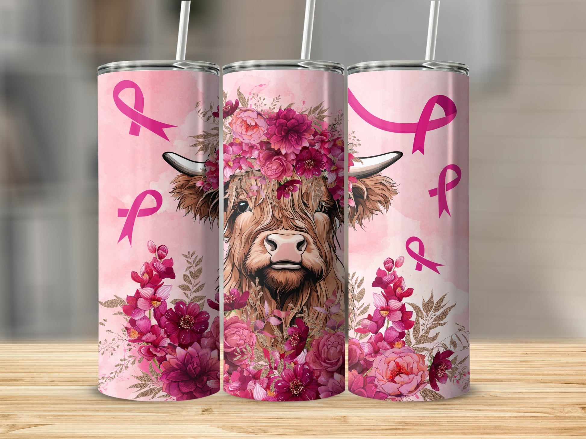 Cow with floral headdress and pink breast cancer awareness ribbons.