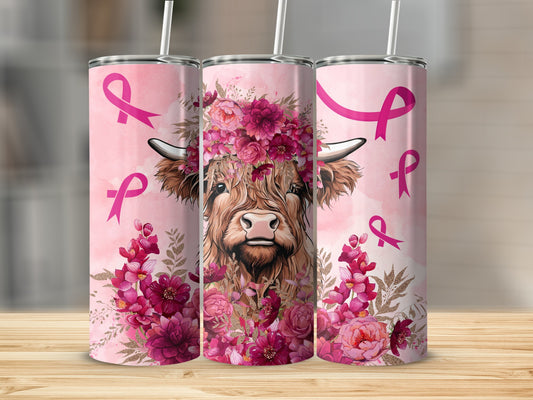 Cow with floral headdress and pink breast cancer awareness ribbons.