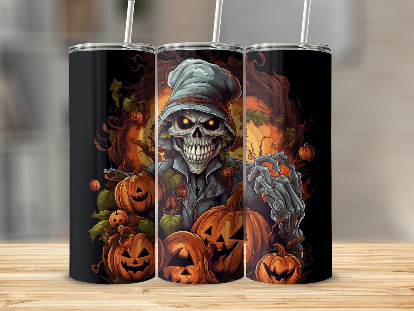 Three tumblers feature a spooky scarecrow illustration with glowing eyes and pumpkins.