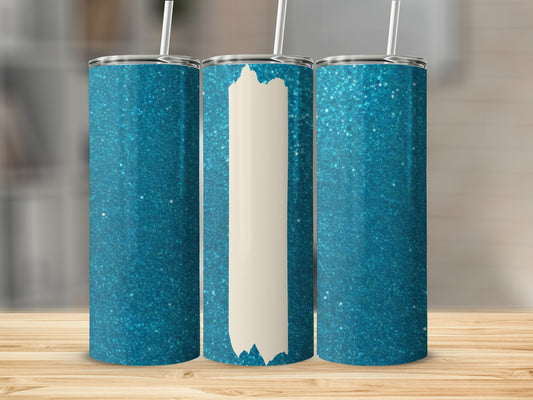 Three glittery blue tumblers with white straws and a blank section.