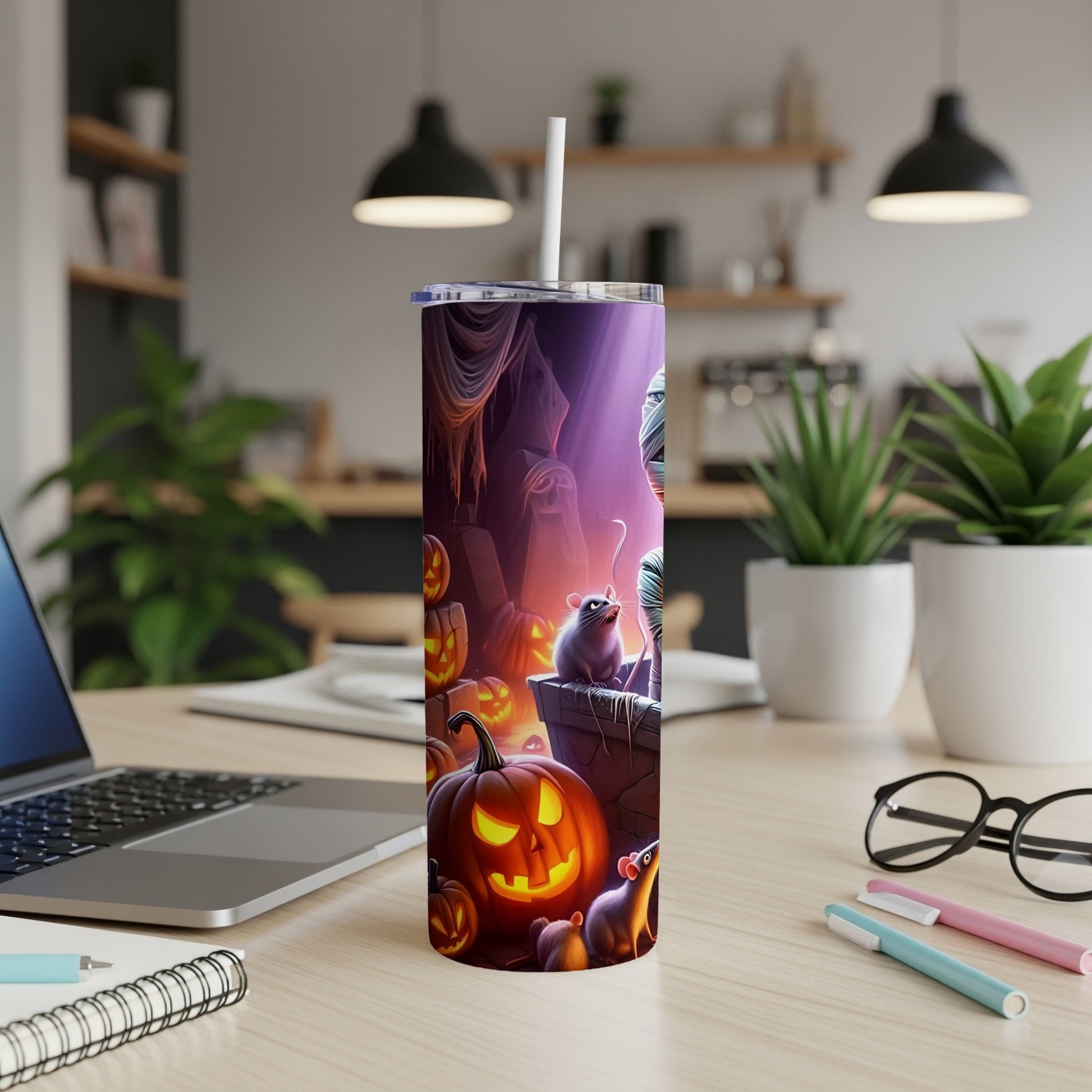 Tumbler with Halloween mice, pumpkins, and mummy design.