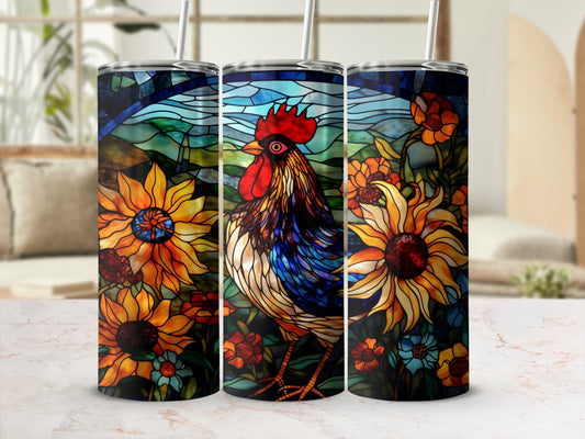 Rooster and sunflowers stained glass design on three tumblers.