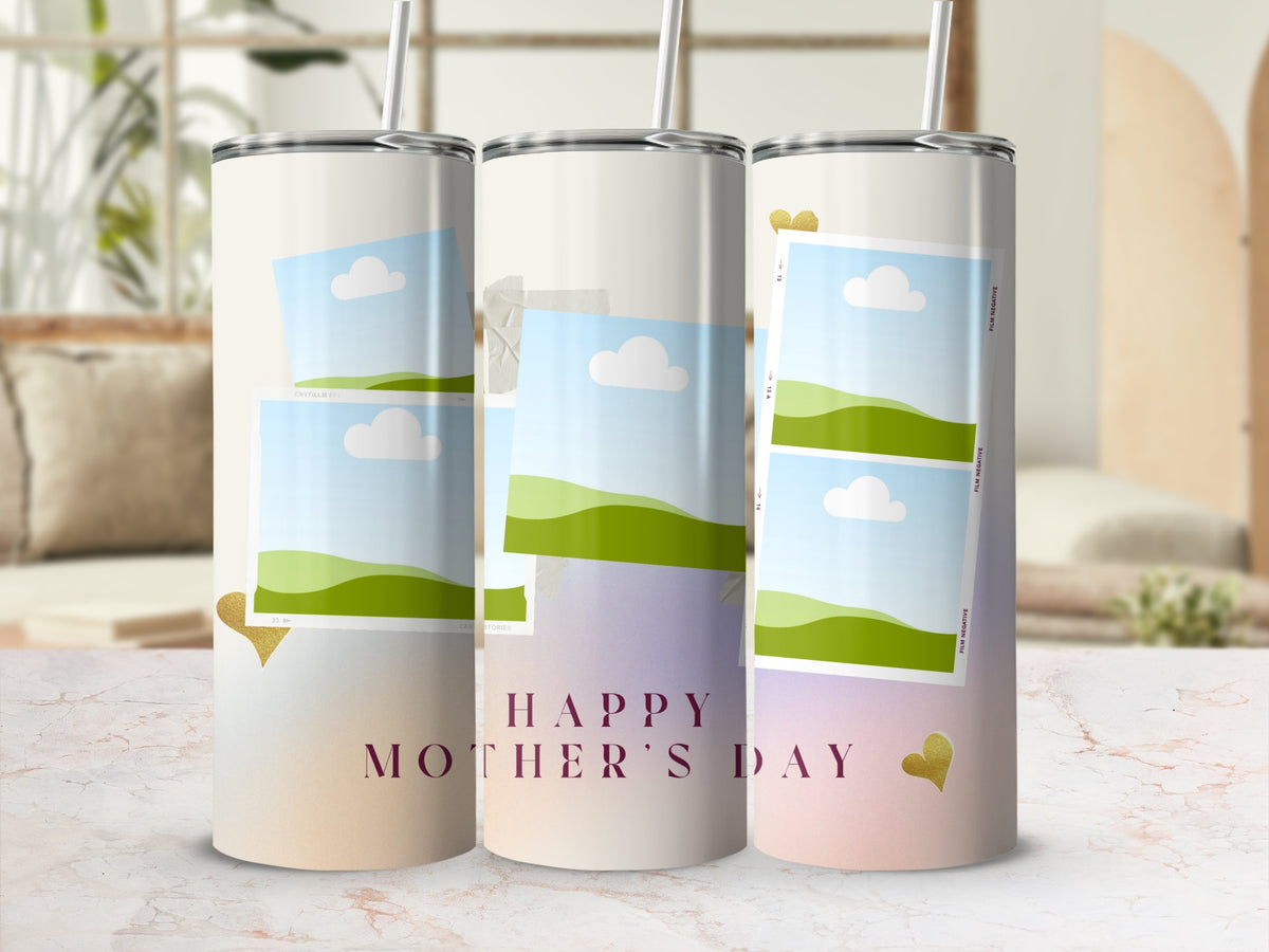 Three tumblers with photo placeholders and "Happy Mother's Day" text.