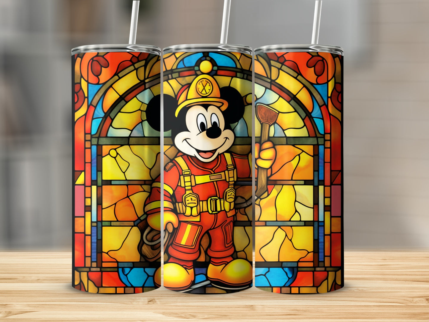 Colorful Firefighter Mouse Stained Glass Tumbler