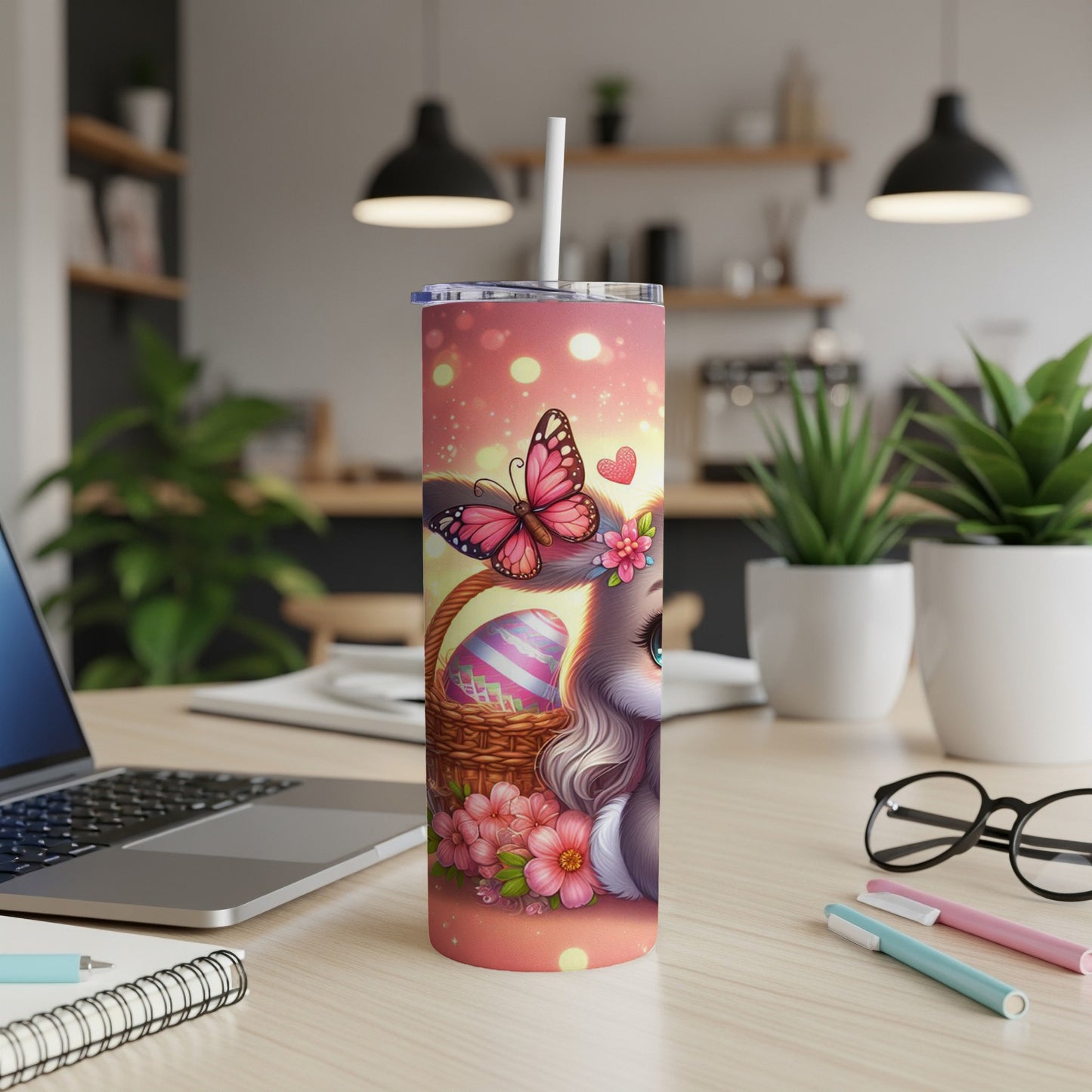 Easter bunny tumbler with basket, butterfly, and flowers.