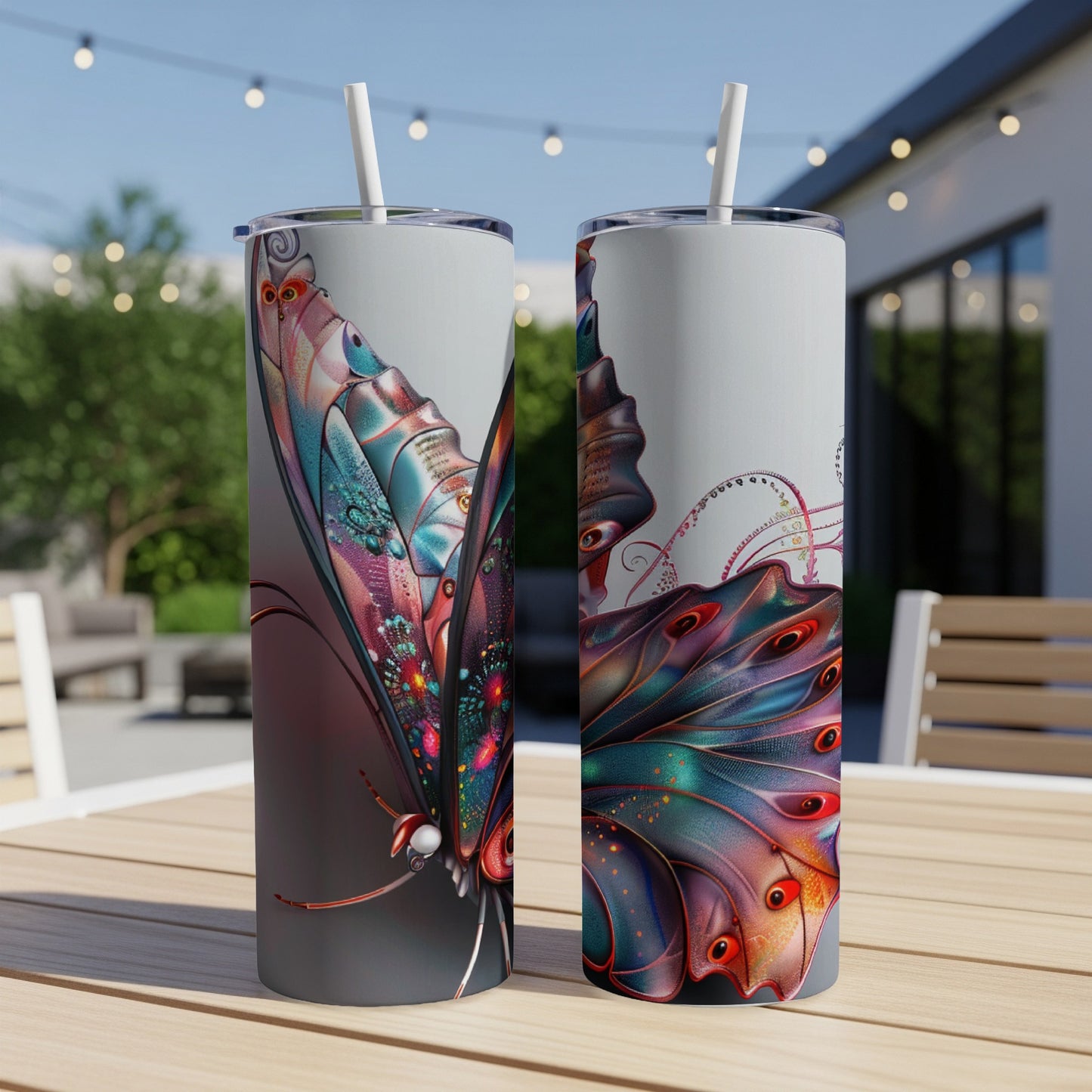 Two insulated tumblers with colorful butterfly wing designs.