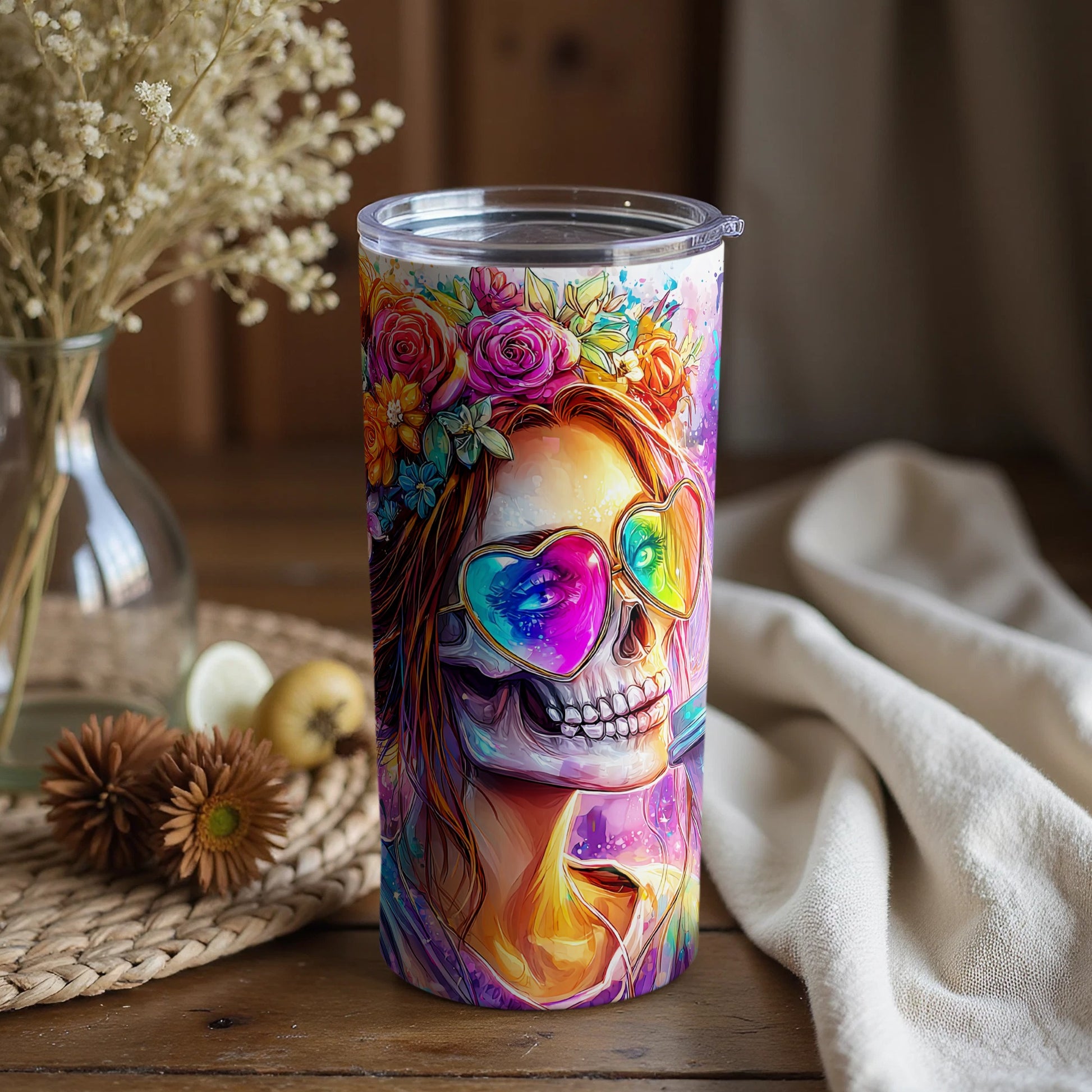 Colorful Skull and Flowers Insulated Tumbler