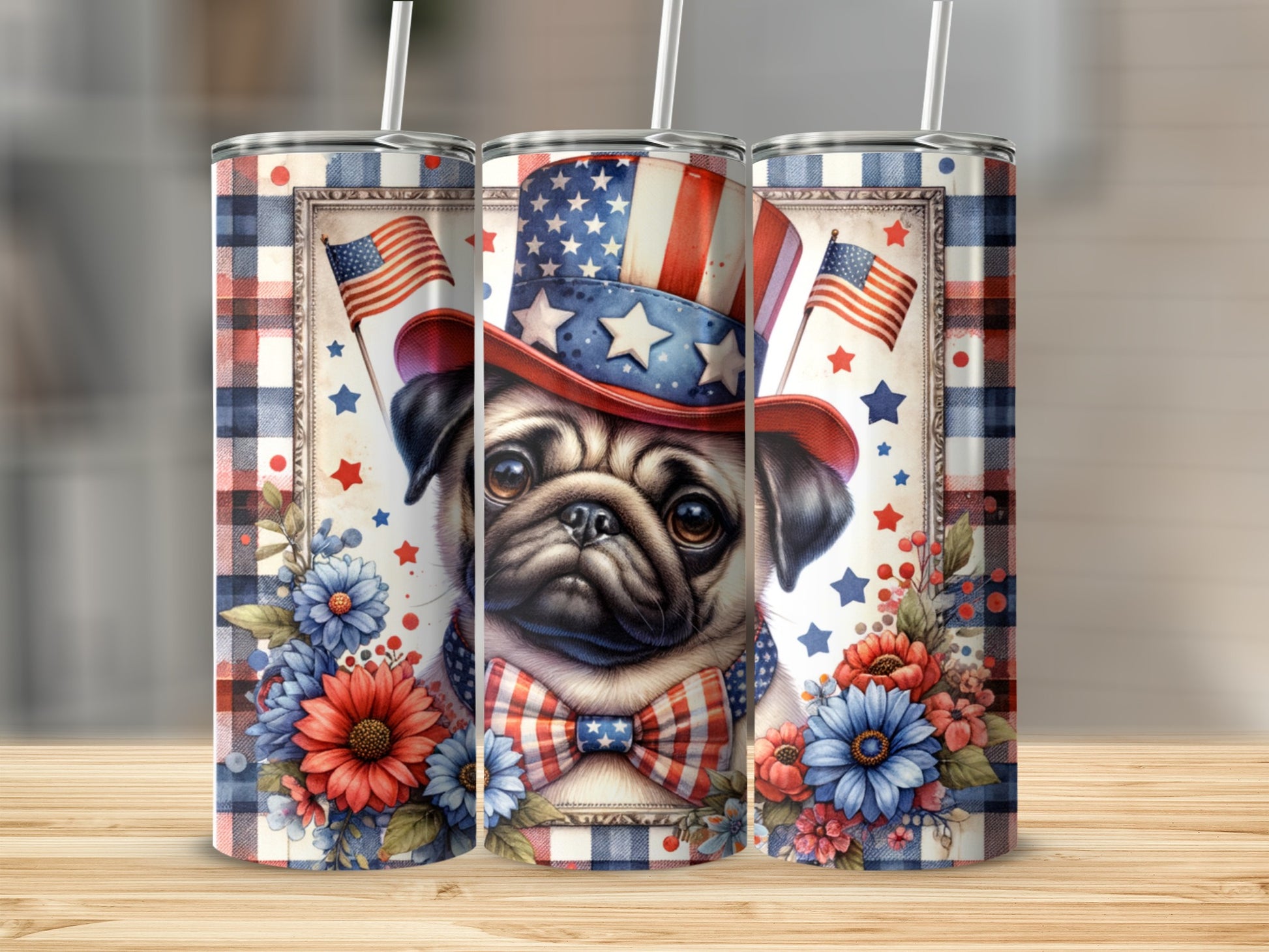 Pug wearing a patriotic hat and bowtie with floral accents.