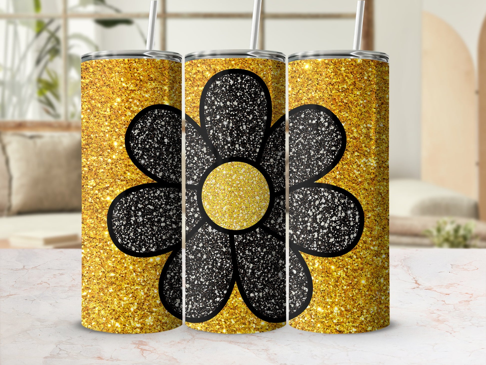 Glitter Black Daisy Flower Design Tumbler Product
