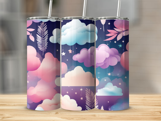 Three tumblers with a dreamy cloud and star pattern.