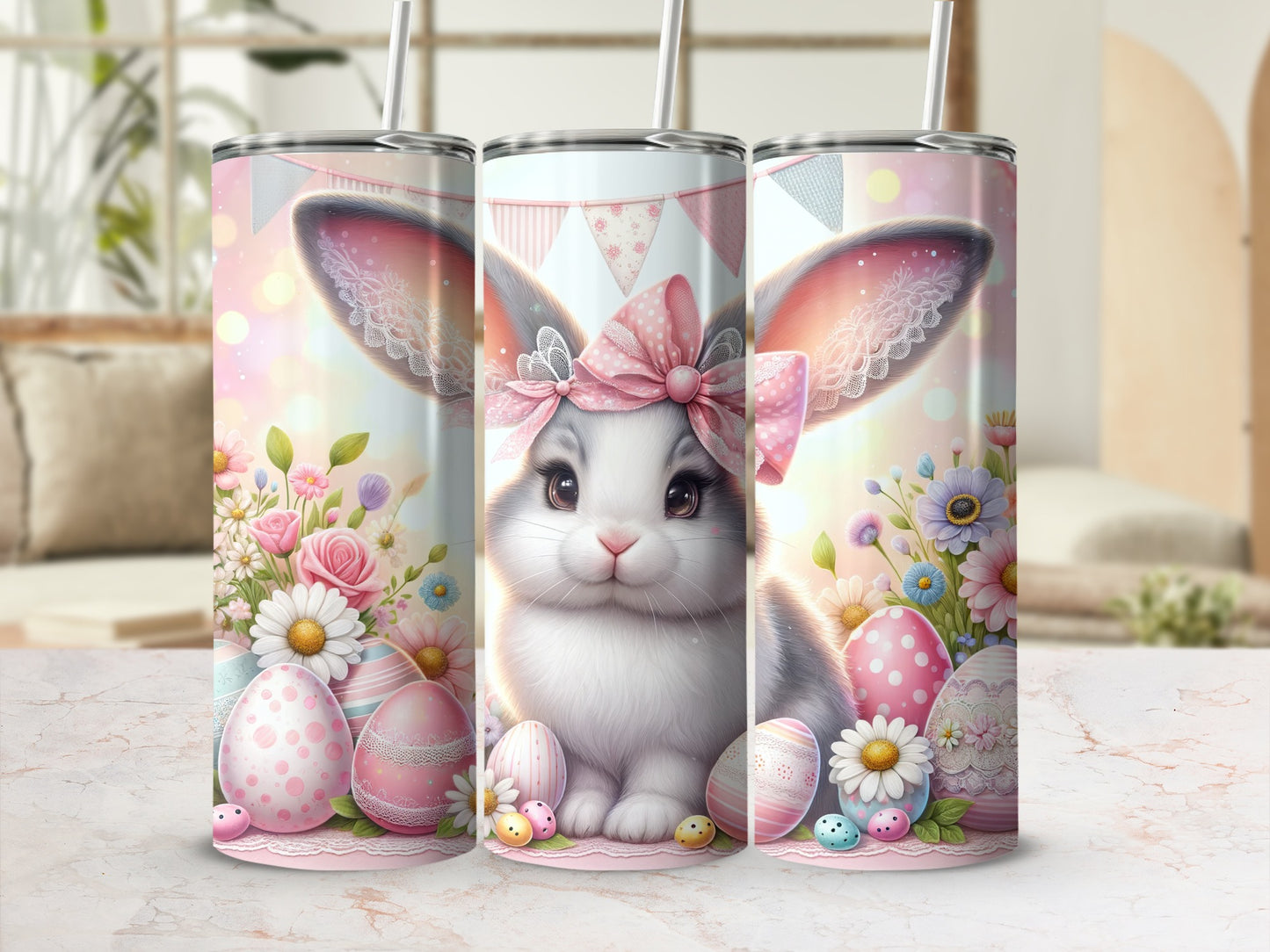 Easter bunny with pink bow and decorated eggs surrounded by flowers.
