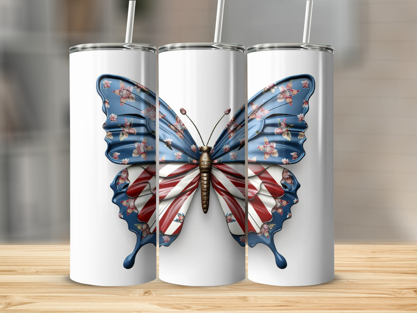 White tumbler with a butterfly design featuring floral and American flag patterns.