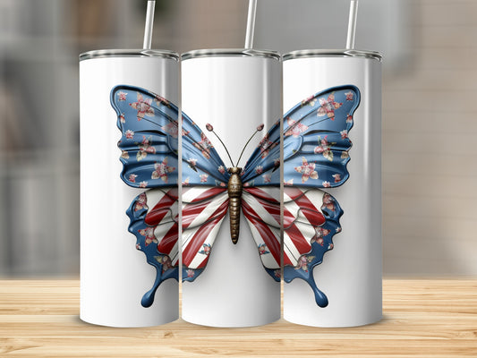 White tumbler with a butterfly design featuring floral and American flag patterns.