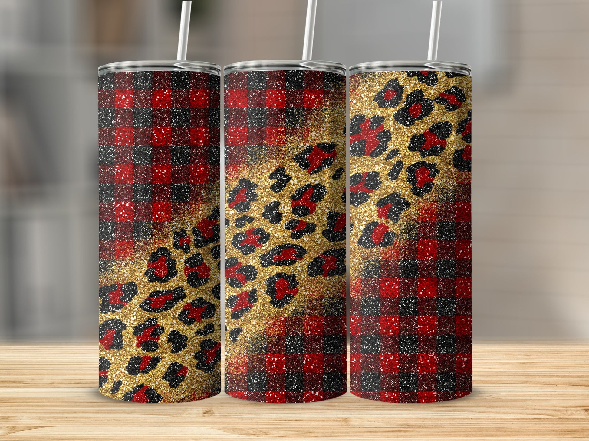 Red plaid and leopard print glitter tumbler with straw.