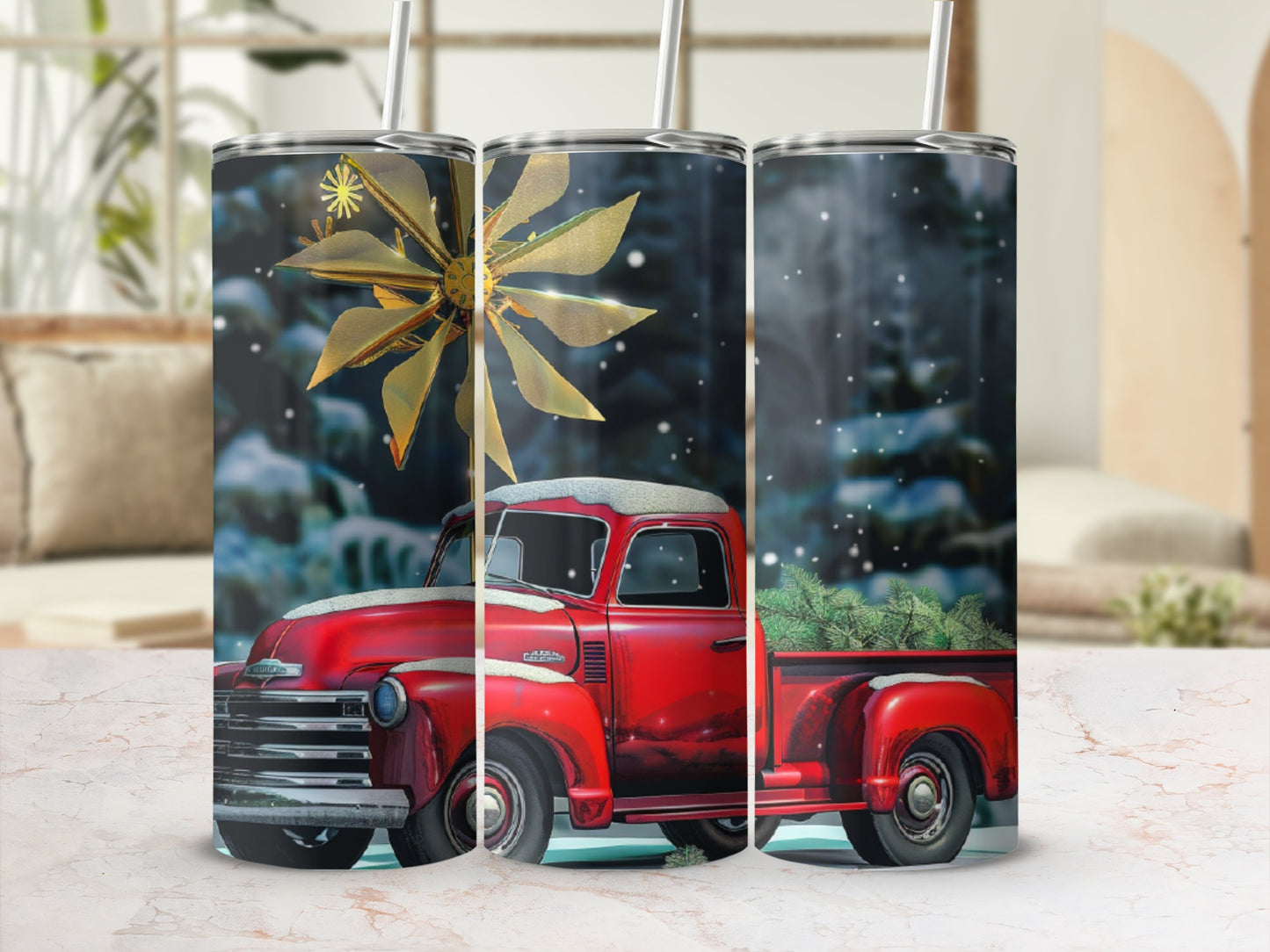 Red vintage truck with Christmas tree in snowy forest scene.