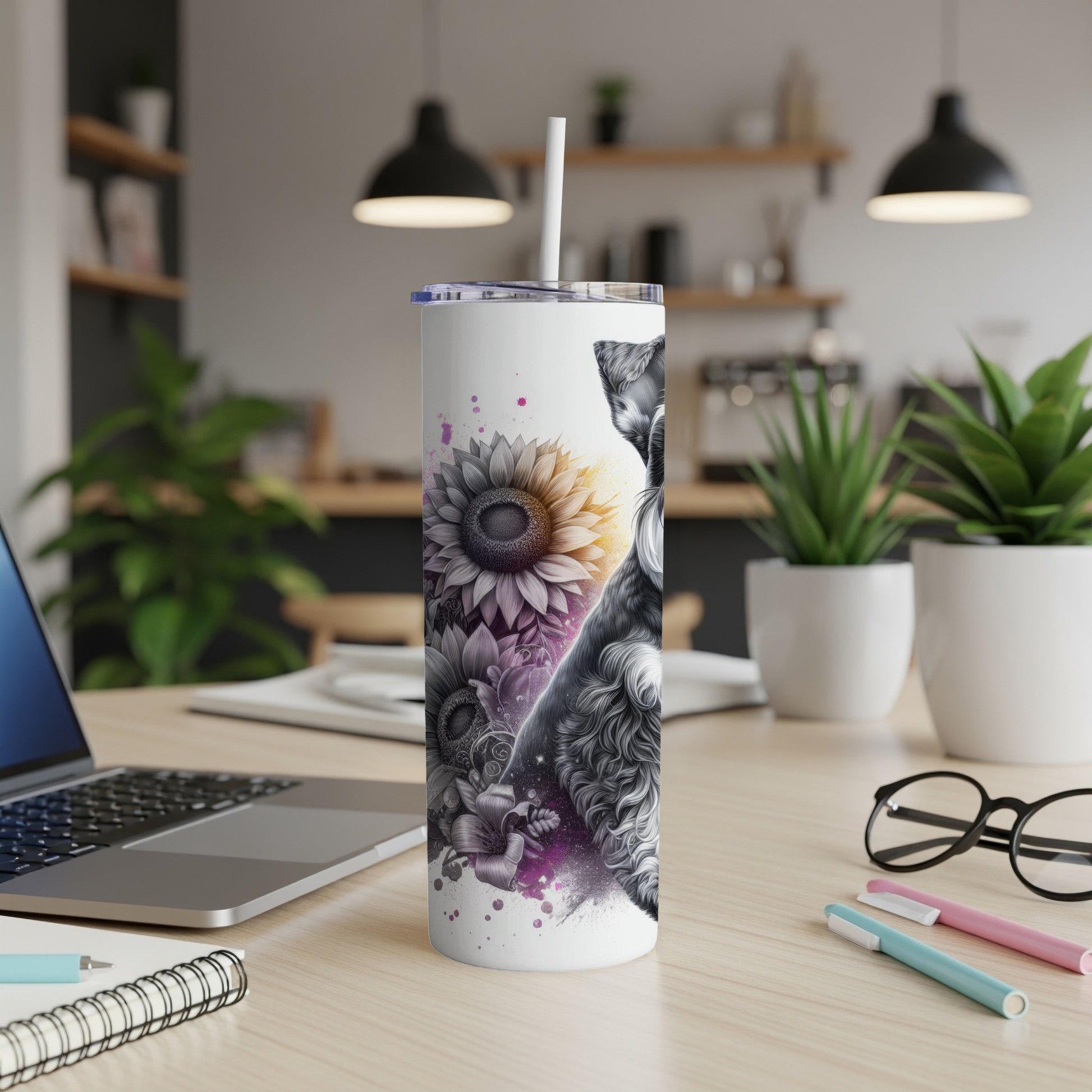 White tumbler with black Schnauzer and sunflowers design.