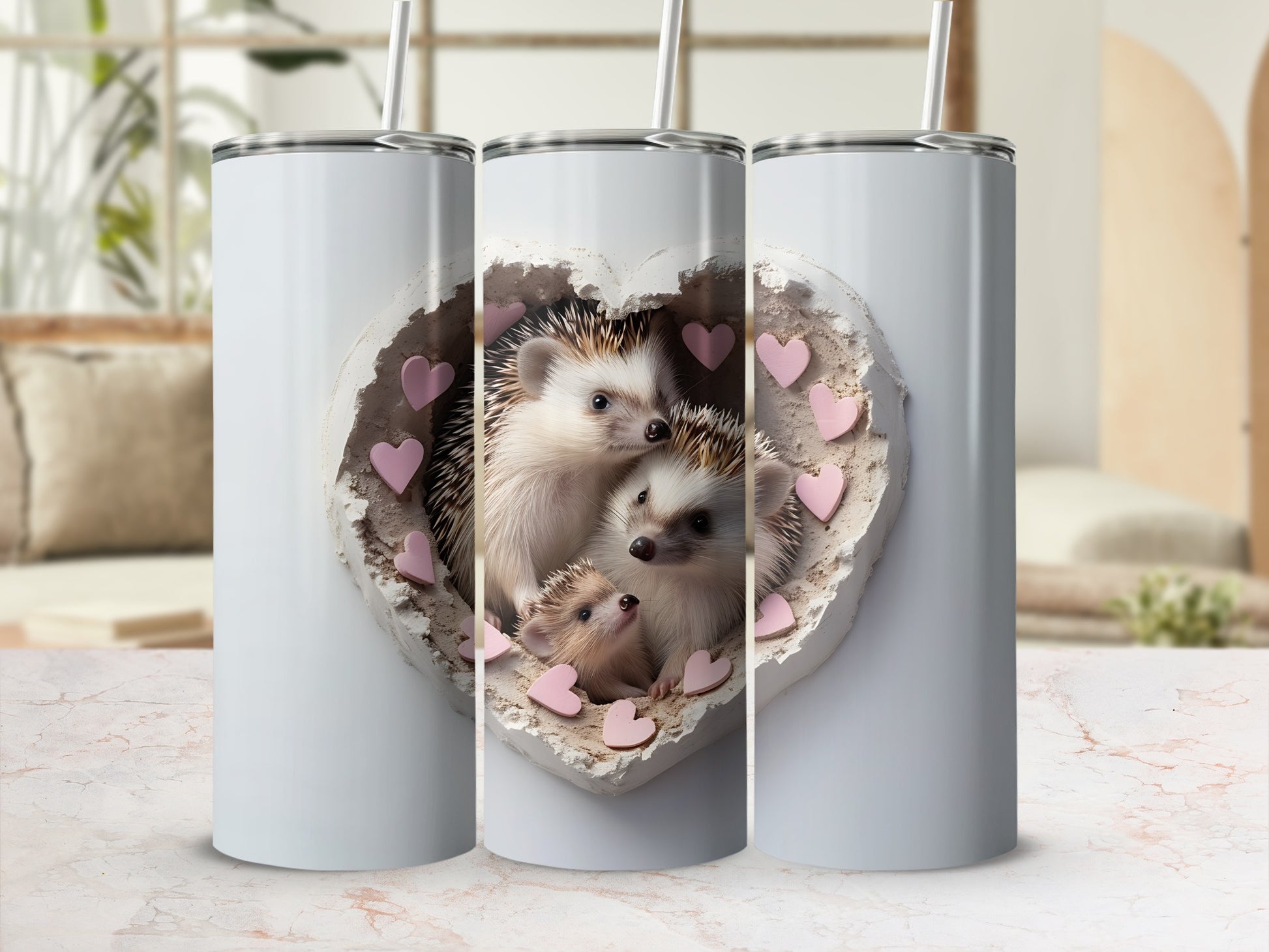Three white tumblers featuring a heart-shaped frame with hedgehogs and pink hearts.