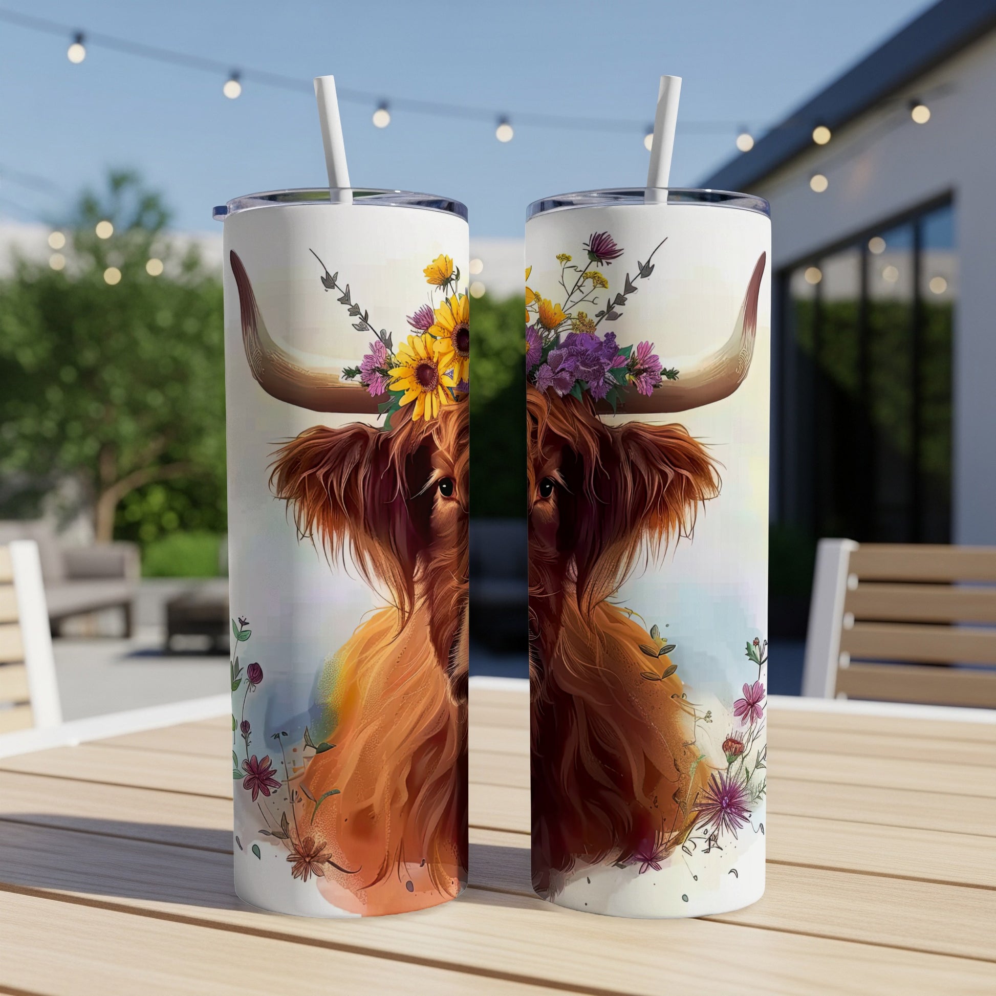 Watercolor Highland cow with floral crown on a tumbler.