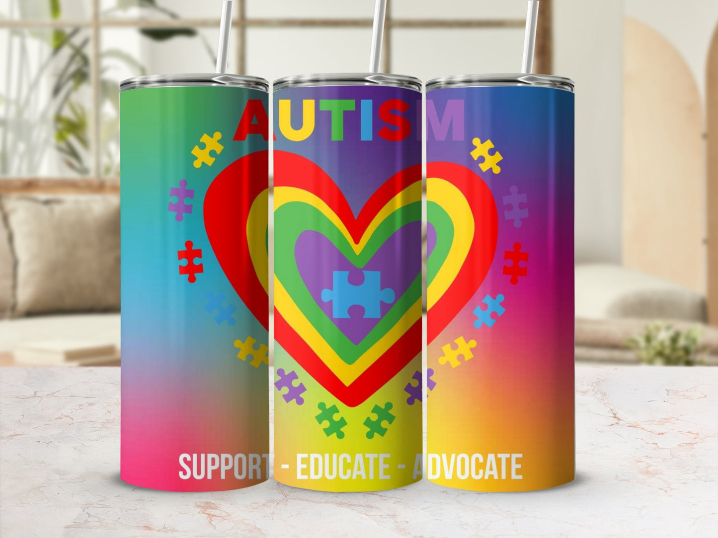 Autism Heart Rainbow Support Educate Advocate Tumbler