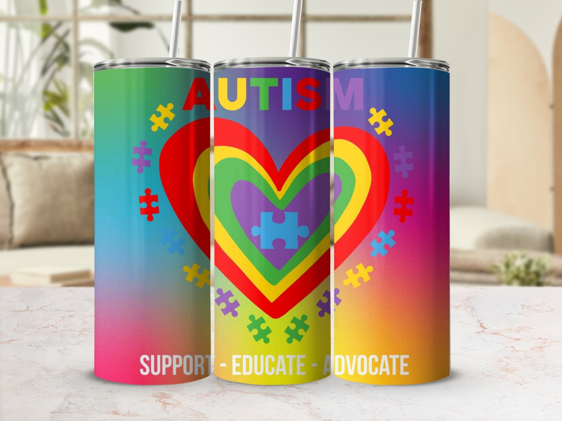 Autism Heart Rainbow Support Educate Advocate Tumbler