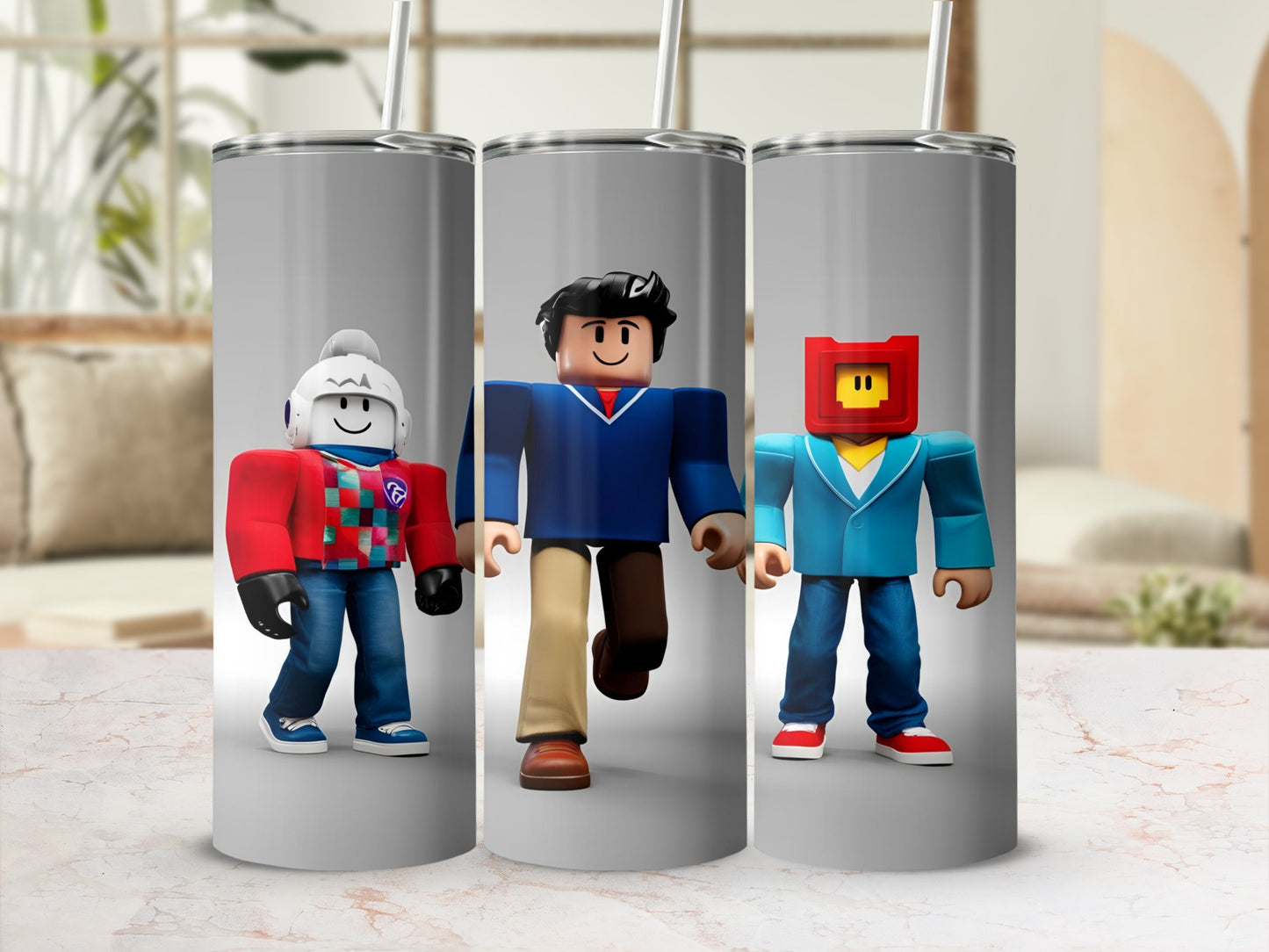 Three Roblox characters on cylindrical tumblers.