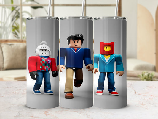 Three Roblox characters on cylindrical tumblers.