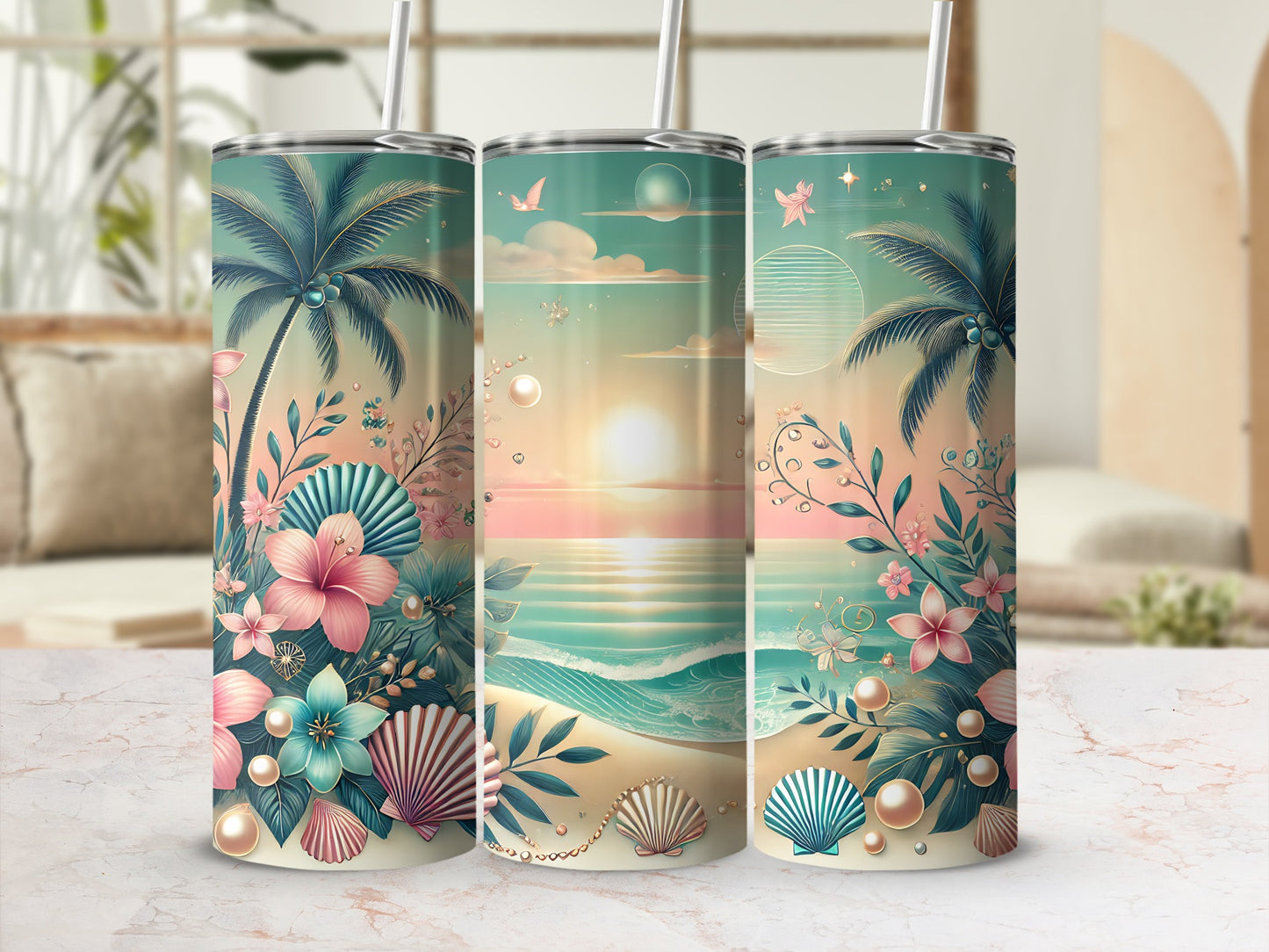 Beach scene with palm trees, ocean waves, shells, and flowers on three tumblers.