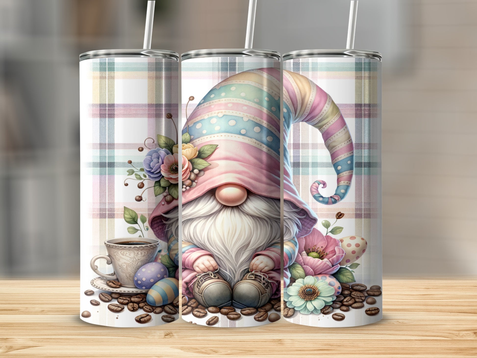 Gnome with coffee and Easter eggs on plaid background.
