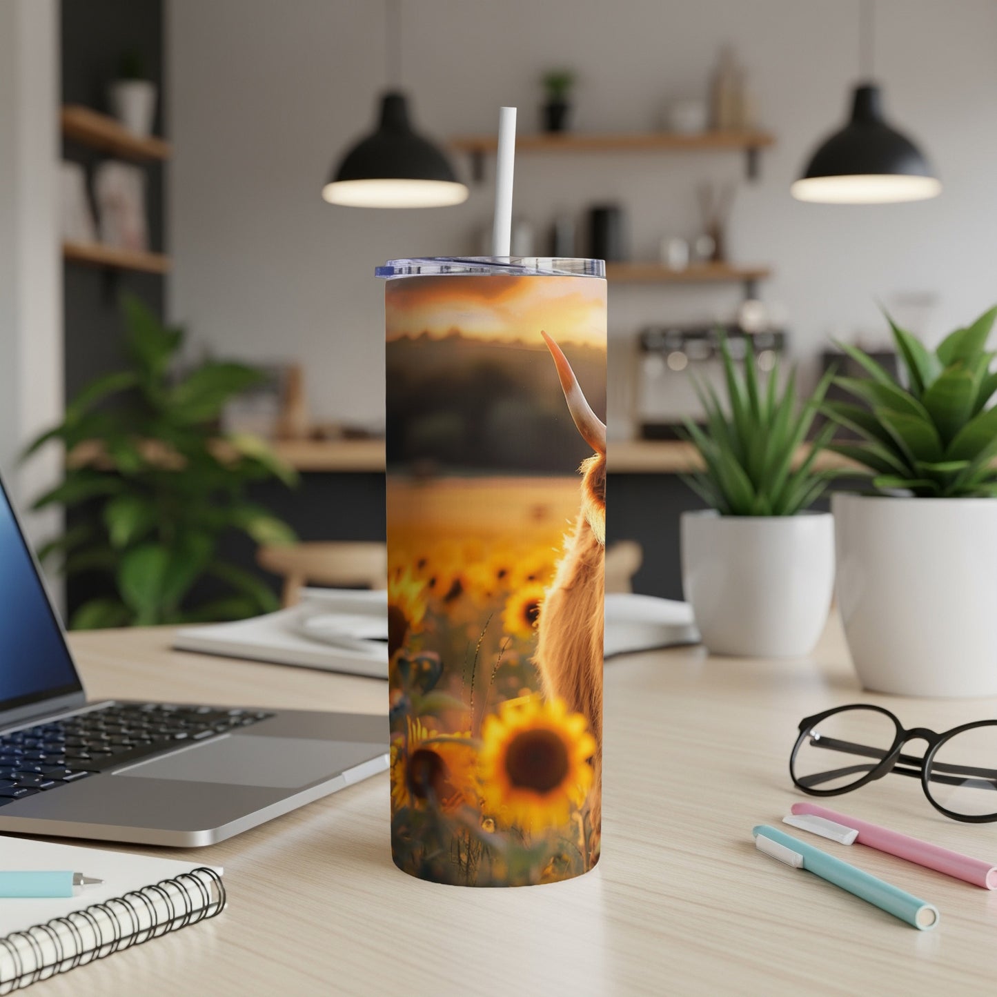 Highland cow in a sunflower field on a sunset tumbler.