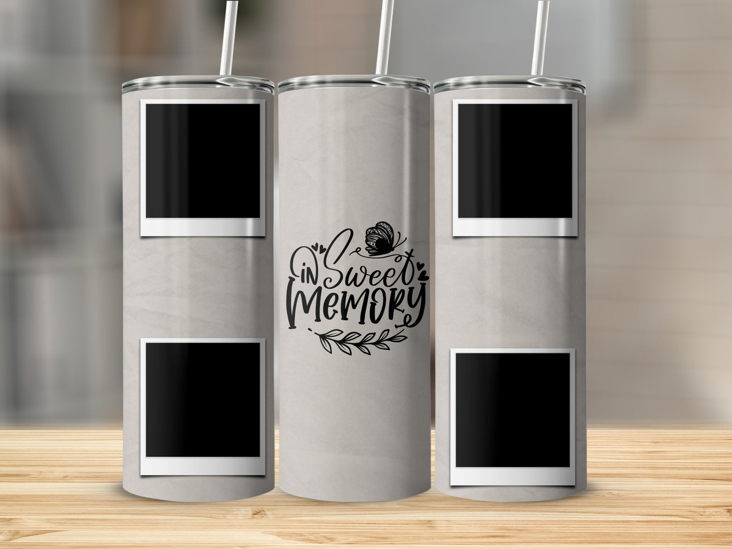 Tumblers with empty photo frames and "In Sweet Memory" text.