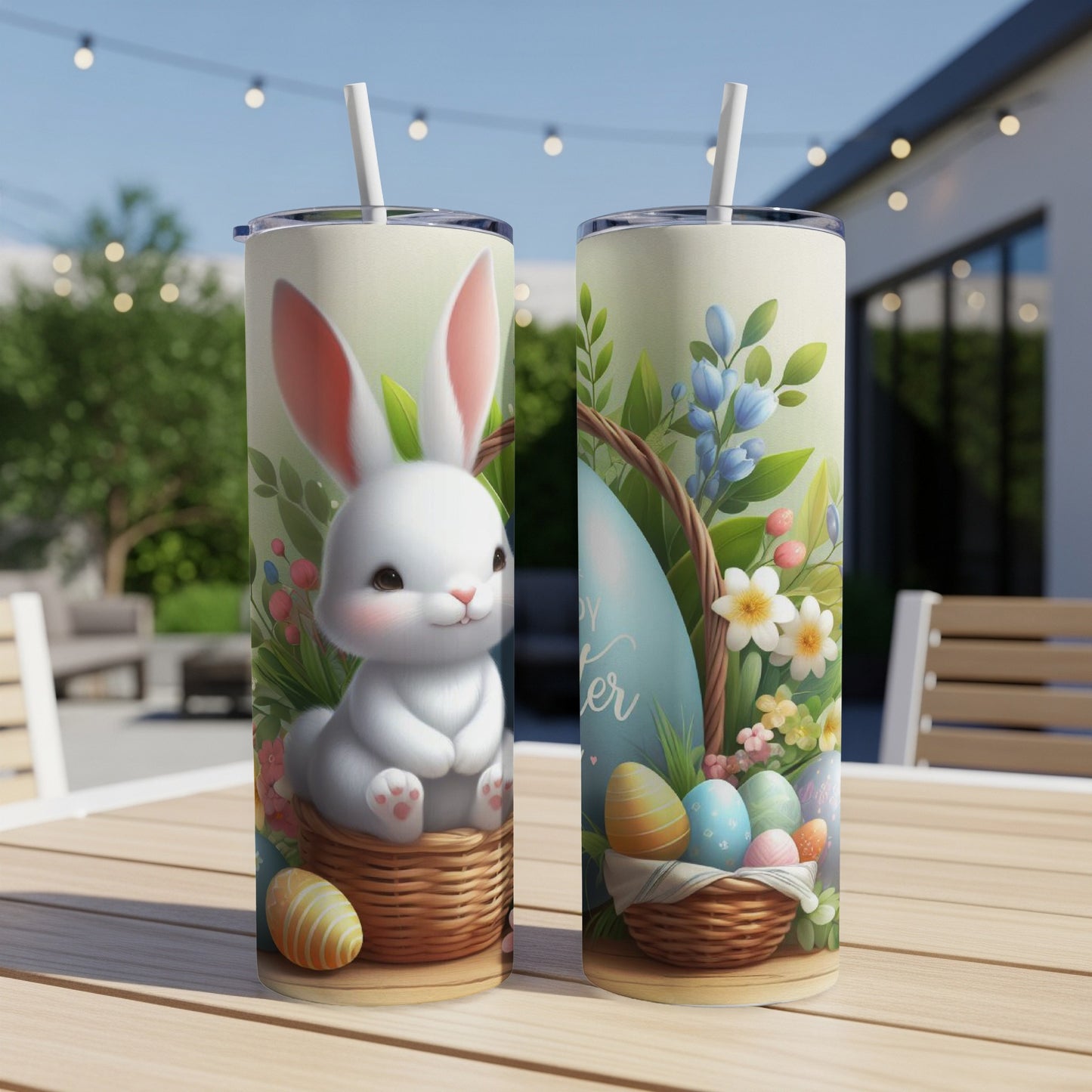 Easter bunny and basket with eggs and flowers on tumblers.