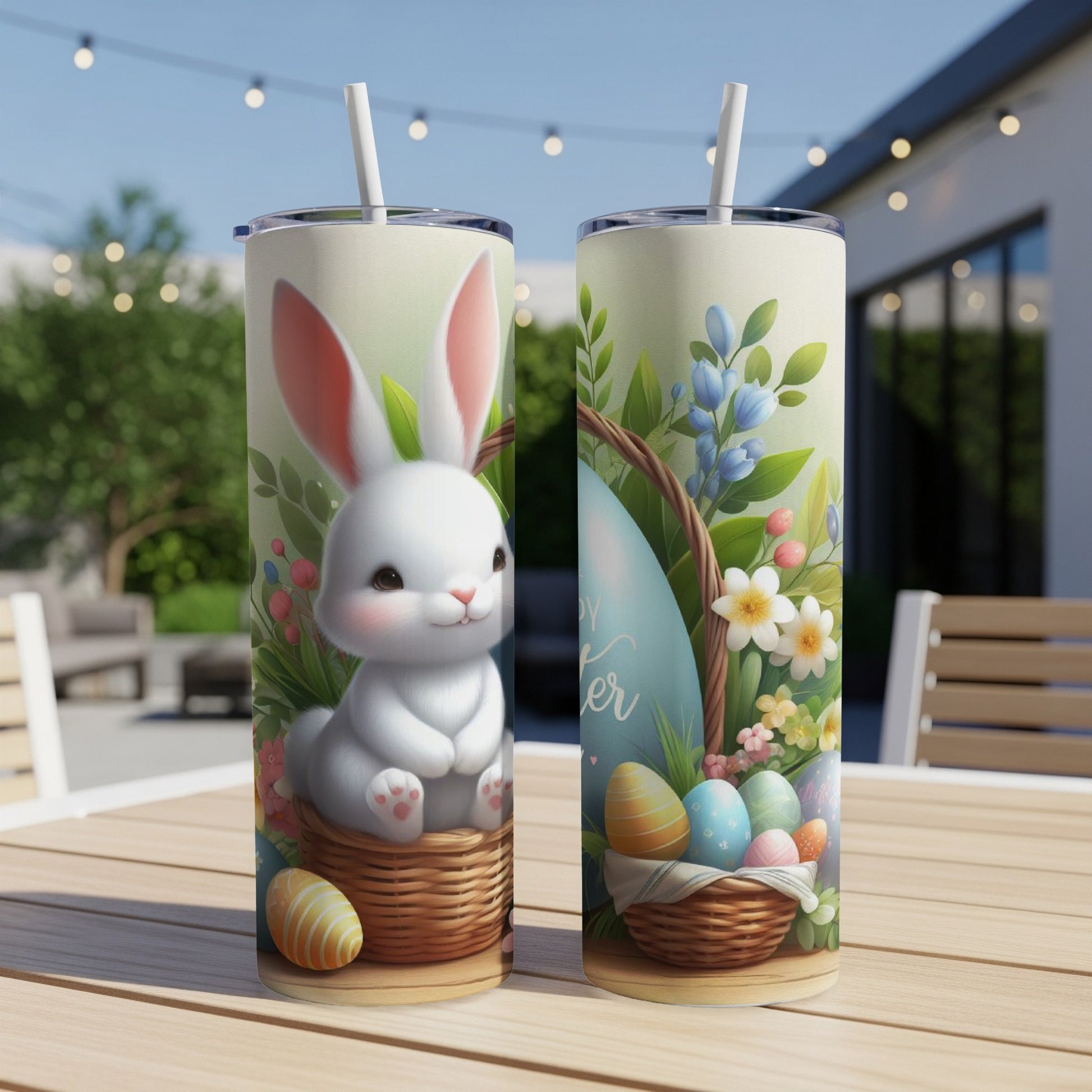 Easter bunny and basket with eggs and flowers on tumblers.