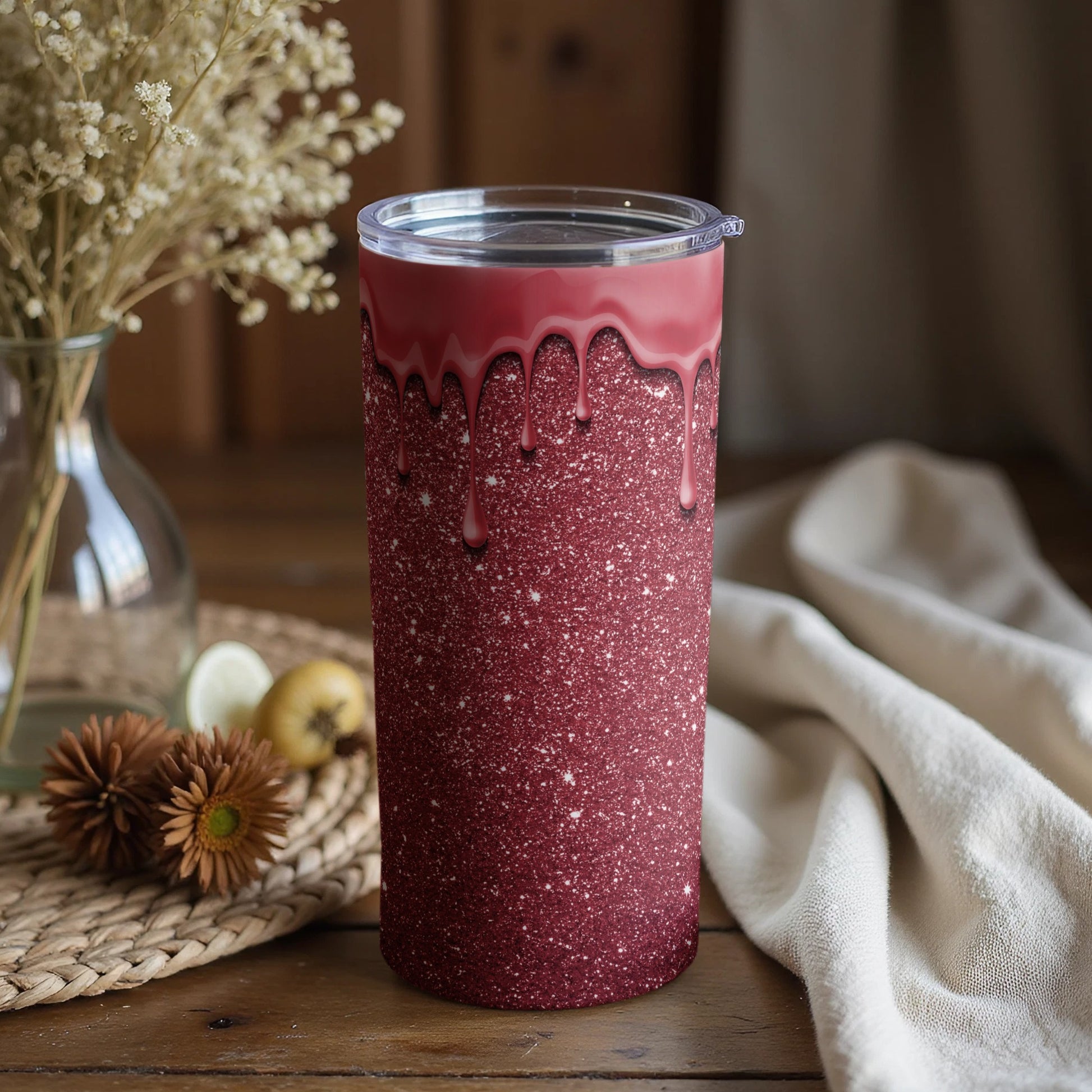Glittering Tumbler with Red Drip Effect Design