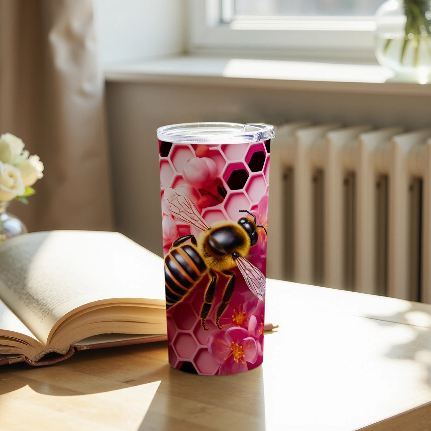 Vibrant Buzzing Bee Honeycomb Pink Flowers Tumbler product type