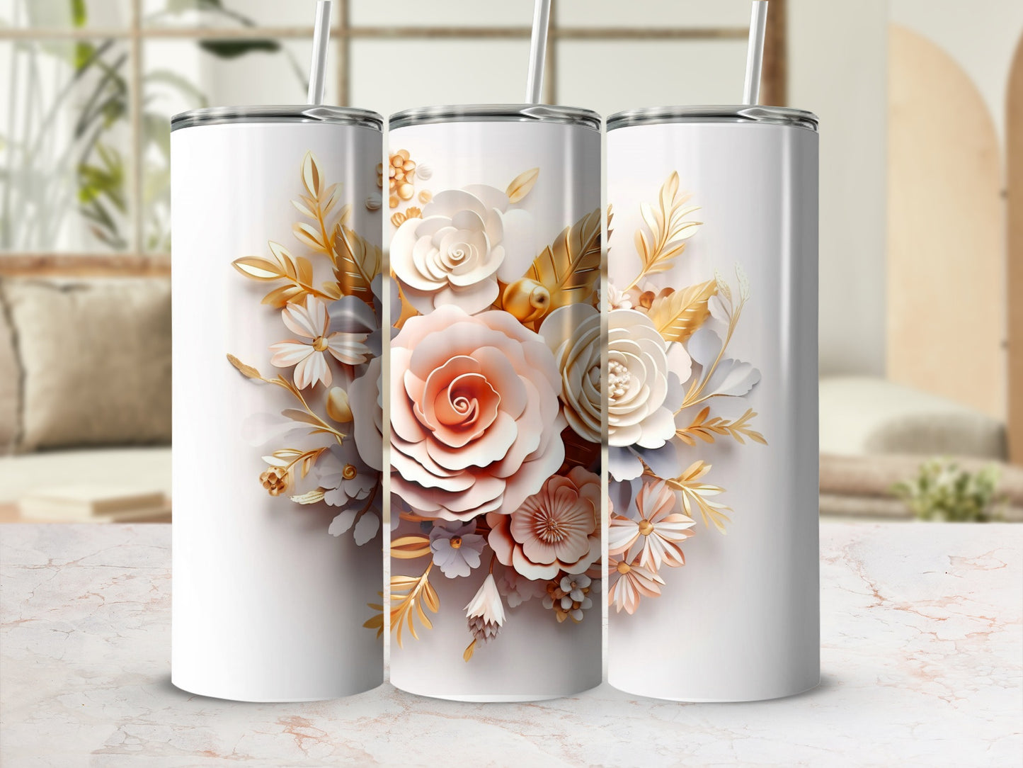 Elegant Floral Design Stainless Steel Tumbler